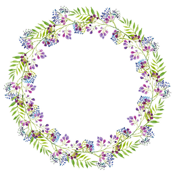 a bright wreath of branches of purple flowers and green leaves, blue berries, watercolor illustration. Hand drawing for print, greetings, logos - Photo, image
