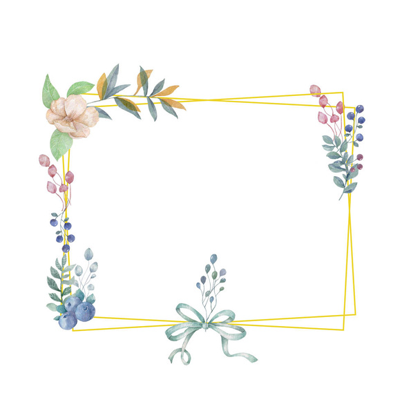 Watercolor flowers and leaves wreath. Gold frame illustration. square and bow clip art branch for celebration, widding, invite card white background Vintage style. - 写真・画像