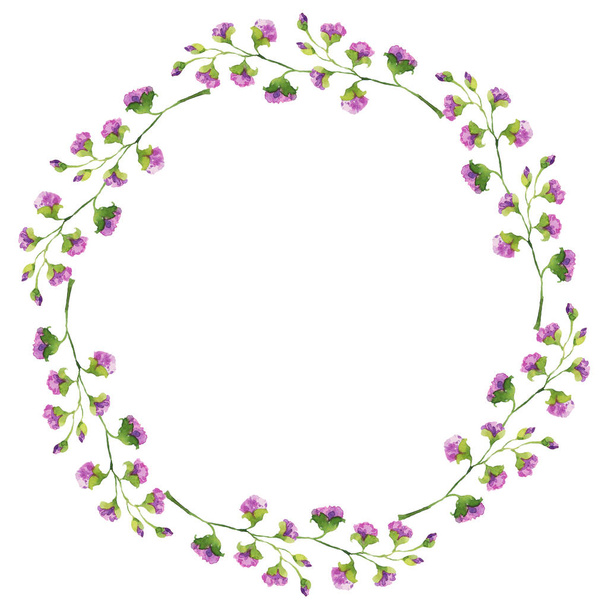 Bright delicate wreath of branches of violet flowers and green leaves, watercolor illustration. Hand drawing for print, greetings, logos - Photo, Image