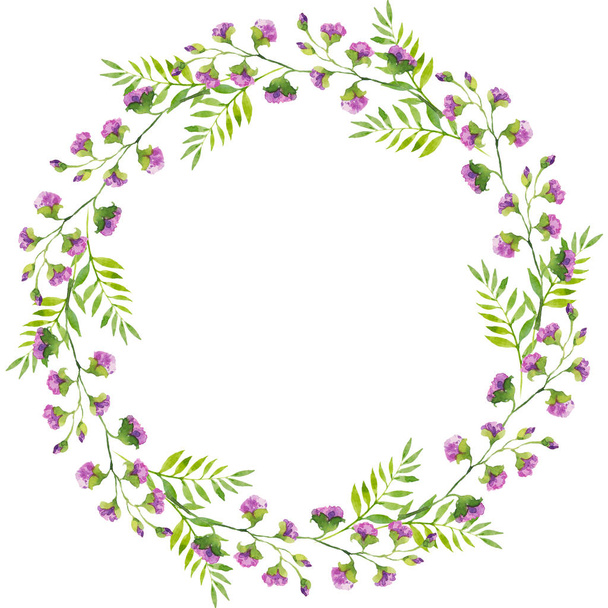 Bright delicate wreath of branches of violet flowers and green leaves, watercolor illustration. Hand drawing for print, greetings, logos - Photo, image