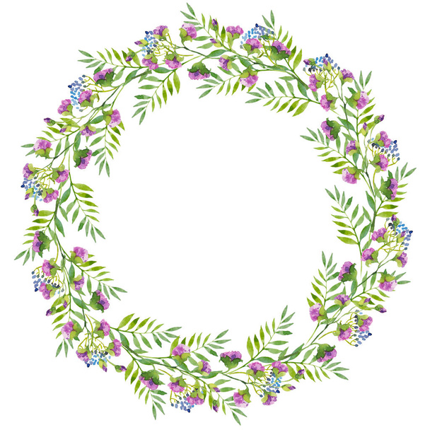 a bright wreath of branches of purple flowers and green leaves, blue berries, watercolor illustration. Hand drawing for print, greetings, logos - Foto, Imagem
