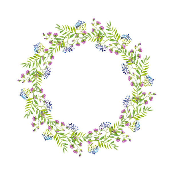 Bright delicate wreath of curly pink and blue purple flowers and green leaves, watercolor illustration. Hand drawing for print, greetings, logos - Φωτογραφία, εικόνα