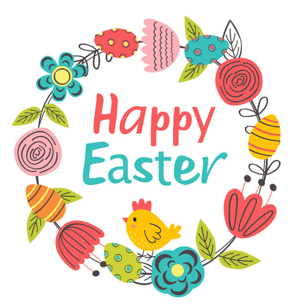 Easter floral frame with chicken- vector illustration, eps - Διάνυσμα, εικόνα