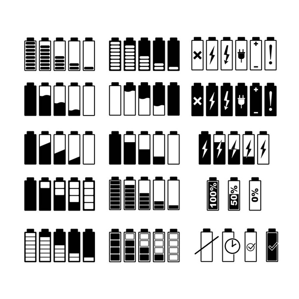 Monochromatyczne Zdjęcia baterii smartfona w różnych poziomach ładowania. Naładować baterię do smartfona. Ilustracja wektorowa - Wektor, obraz
