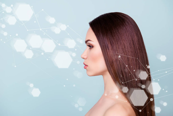Cose up side profile photo she her young brunette seem to be alive girl creation design hair skin looks fresh healthy attractive not emotional illustration isolated grey white geometry background - Fotoğraf, Görsel