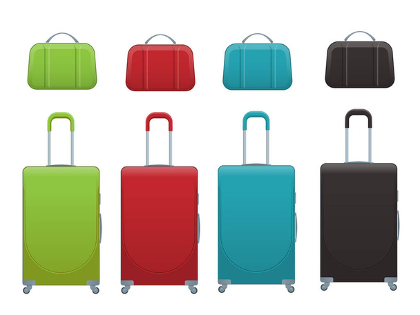 Różne kolorowe biznesowe oraz rodzinne wakacje podróż przechowalnia torba, torebka bagażu nowoczesne. Zestaw walizek i plecaków na białym tle. - Wektor, obraz