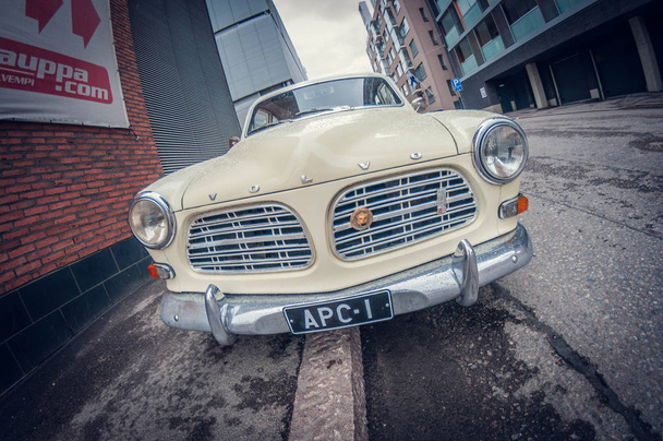 Helsinki, Finland - May 16, 2016: Old white Volvo Amazon car. distortion perspective fisheye lens view - Fotoğraf, Görsel