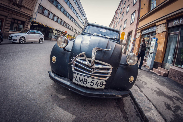 Helsinki, Finland - May 16, 2016: Old car black Citroen 2CV. distortion perspective fisheye lens view - Fotó, kép