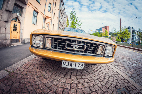Helsinki, Finland - May 16, 2016: Old car Ford Mustang. distortion perspective fisheye lens view - Fotó, kép