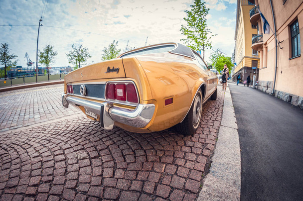 Helsinki, Finland - May 16, 2016: Old car Ford Mustang. distortion perspective fisheye lens view - Fotó, kép