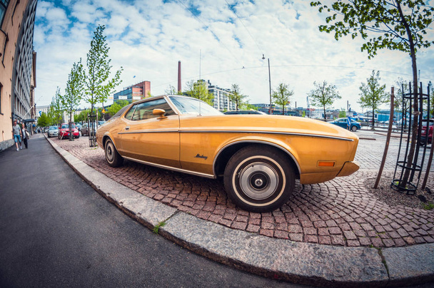 Helsinki, Finland - May 16, 2016: Old car Ford Mustang. distortion perspective fisheye lens view - Fotoğraf, Görsel