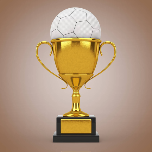 Football Soccer Award Concept. Trofeo Golden Award con balón de fútbol de cuero blanco sobre fondo marrón. Renderizado 3d
  - Foto, Imagen