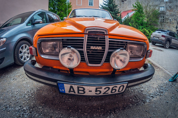 Estonia, Tallinn - May 17, 2016: Old car Saab 95. distortion perspective fisheye lens view - Fotoğraf, Görsel