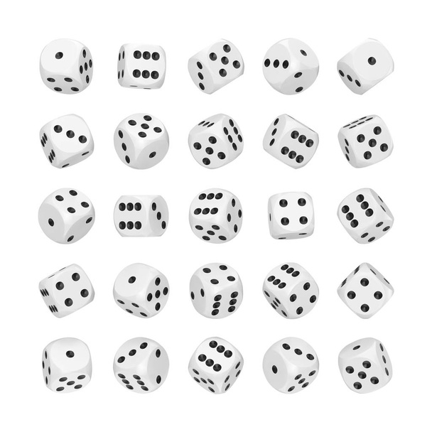 Kasino uhkapeli käsite. Joukko White Game noppaa kuutiot eri asemassa valkoisella pohjalla. 3d renderöinti
  - Valokuva, kuva