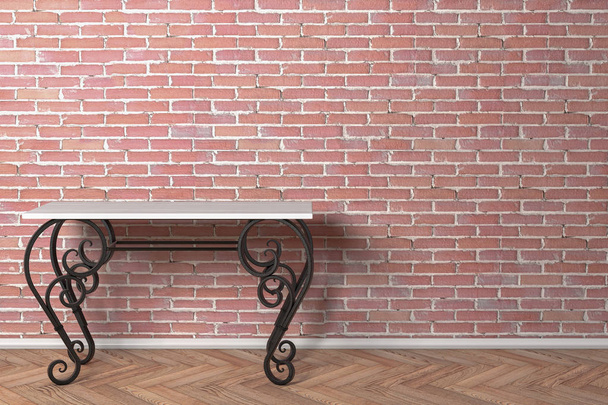 Vintage-Holztisch mit eisernen Beinen vor roter Backsteinwand. 3D-Darstellung  - Foto, Bild