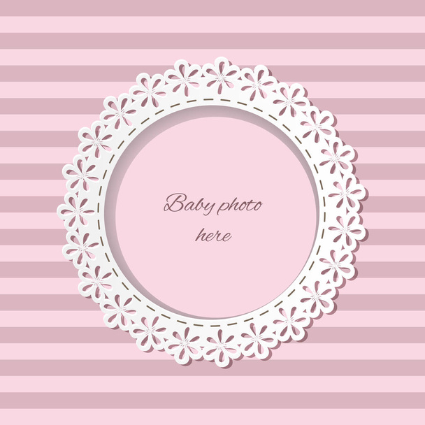 Cute paper cut photo frame for baby girl on striped seamless background in pastel pink colors. Can be used for baby shower, greeting cards, scrapbook, baby album design. Vector - Vektör, Görsel