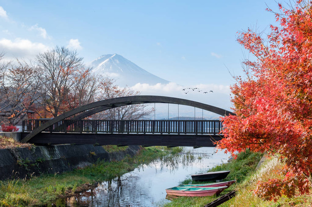 Mount Fuji mit Holzbrücke und Bridflug in der Herbstsaison am Kawaguchiko-See, Yamanashi, Japan - Foto, Bild