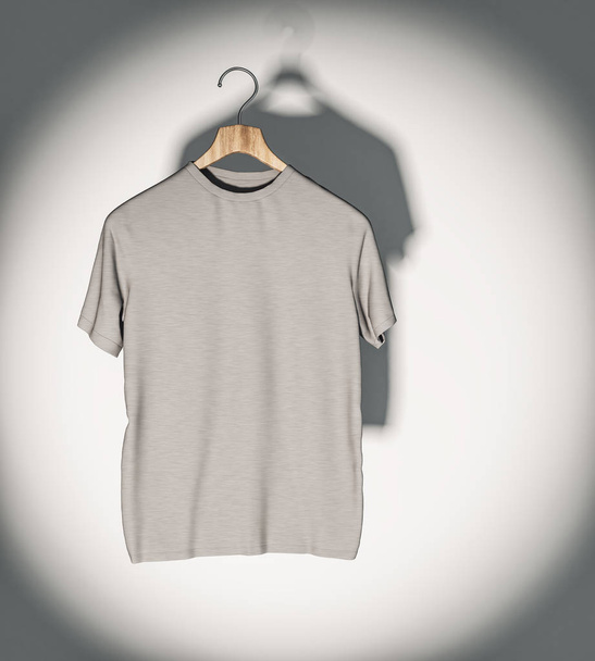 Empty grey t-shirt in spotlight hanging on concrete wall. Mockup and fashion concept. 3D Rendering  - Fotografie, Obrázek