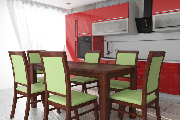 Tisch und Stühle vor modernen roten Küchenmöbeln mit Küchenutensilien in extremer Nahaufnahme. 3D-Darstellung  - Foto, Bild