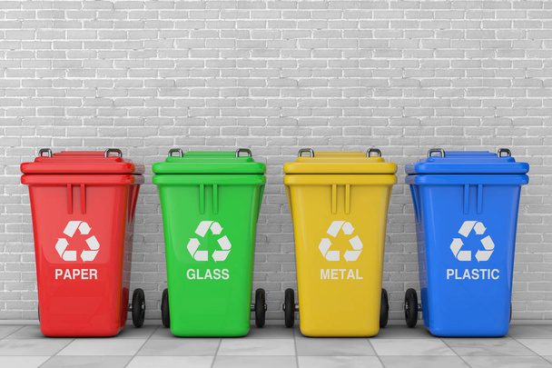 Papeleras de reciclaje rojas, verdes, amarillas y azules con símbolo de reciclaje delante de la pared de ladrillo. Renderizado 3d
  - Foto, imagen