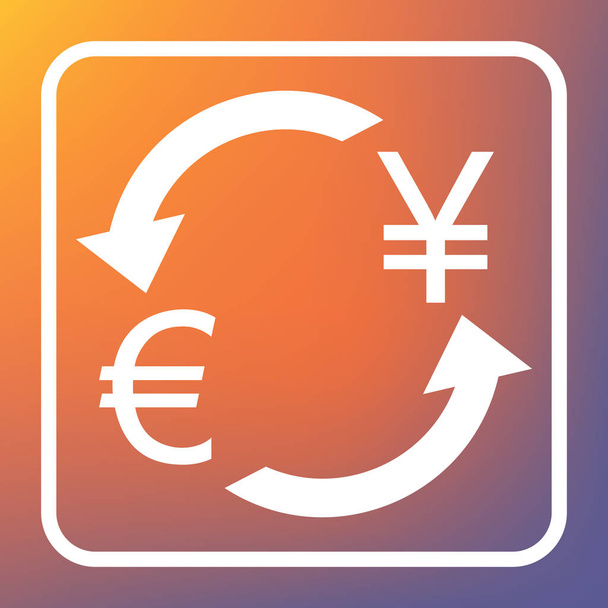 Знак обмена валюты. Евро и японская йена. Вектор. Белый значок на прозрачной кнопке на фоне оранжево-фиолетового градиента
. - Вектор,изображение