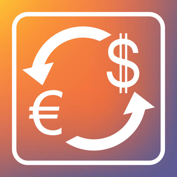 Signo de cambio de divisas. Euro y dólar. Vector. Icono blanco en botón transparente en fondo degradado naranja-violeta
. - Vector, imagen