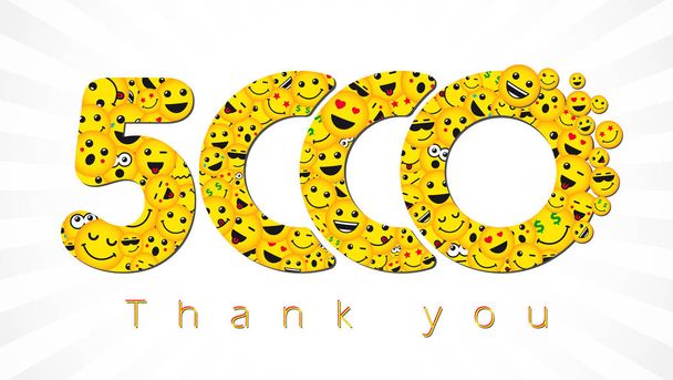Ich danke Ihnen 5 000 Anhänger Logotyp. Glückwunsch zum 5.000 Networking Danke, Netzfreunde gelbes Symbol, 5000k Schild mit den Gesichtern der Menschen. vereinzelt lächelnde Zahlen. abstrakte Grafik-Design-Vorlage. Glückliche 5000 Grußkarte, dekorativer Hintergrund - Vektor, Bild
