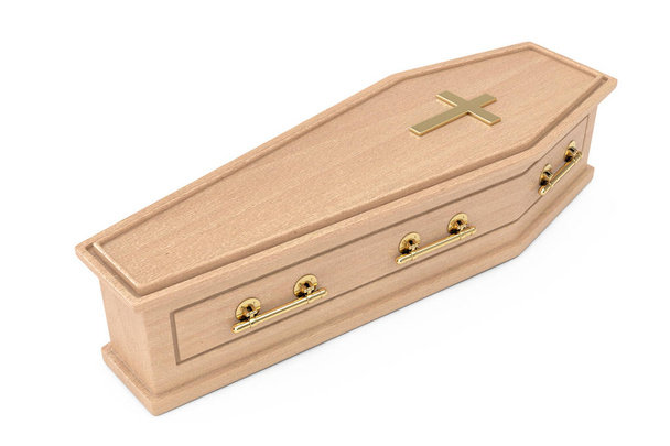 Coffin de madera con cruz dorada y asas sobre fondo blanco. Renderizado 3d
  - Foto, Imagen