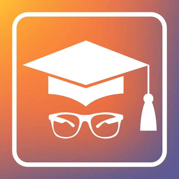 Mortar Board or Graduation Cap with glass. Vector. White icon on transparent button at orange-violet gradient background. - Vector, Image