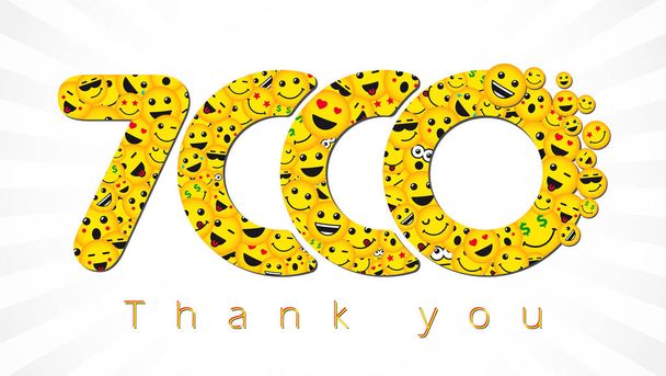 Ich danke Ihnen 7 000 Anhänger Logotyp. Glückwunsch an helle 7.000 Networking Danke, Netzfreunde gelbes Symbol, 7000k Zeichen mit Menschen Gesichter. vereinzelt lächelnde Zahlen. abstrakte Grafik-Design-Vorlage. Happy 7000 Grußkarte, dekorativer Hintergrund - Vektor, Bild