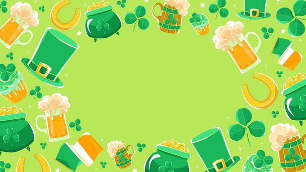 Fundo verde Dia de São Patricks. Chapéu de seda verde, bandeira Irlanda, pote de moedas de ouro, trevos, ferradura e cerveja stein
.  - Vetor, Imagem
