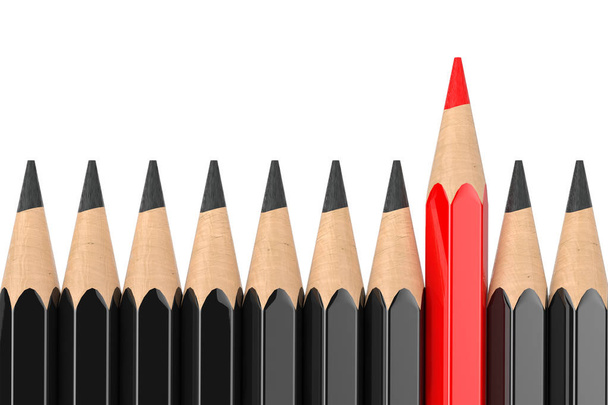 Denk anders bedrijfsconcept. Rode potlood permanent uit zwart potlood rij op een witte achtergrond. 3D-rendering  - Foto, afbeelding