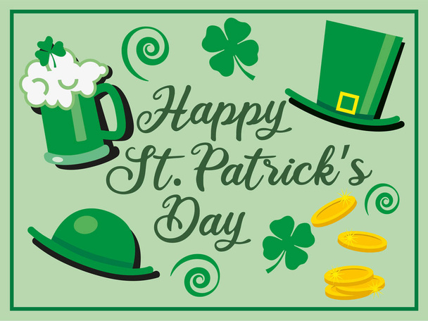 Pyhän Patrickin päivä tervehdys juhla onnellista Pyhän Patrickin päivä tekstiä ja vihreä lasi olutta, hattuja ja shamrock kukkia - kuvitus
 - Valokuva, kuva