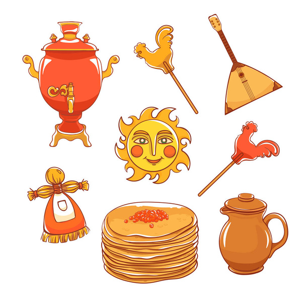 Maslenitsa set - slavic holiday carnival. Pancakes with filling, clay jug, slavic sun, balalaika, candy cockerel and red samovar.  - Vector, Image