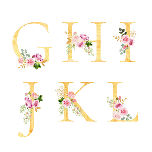 Golden watercolor floral alpbabet, hand painted and isolated on white background. Beautiful pink letters with golden flows. Decorated with flowers and leaves. Set of letters g, h, i, j, k, l - Fotografie, Obrázek