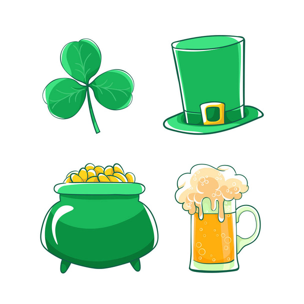 Vector instellen Saint Patricks Day Groene zijde hoed, pot van gouden munten, shamrocks en bier stein.  - Vector, afbeelding