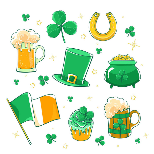 O vetor marcou o Dia de São Patricks. Chapéu de seda verde, bandeira Irlanda, pote de moedas de ouro, trevos, ferradura e cerveja stein
.  - Vetor, Imagem