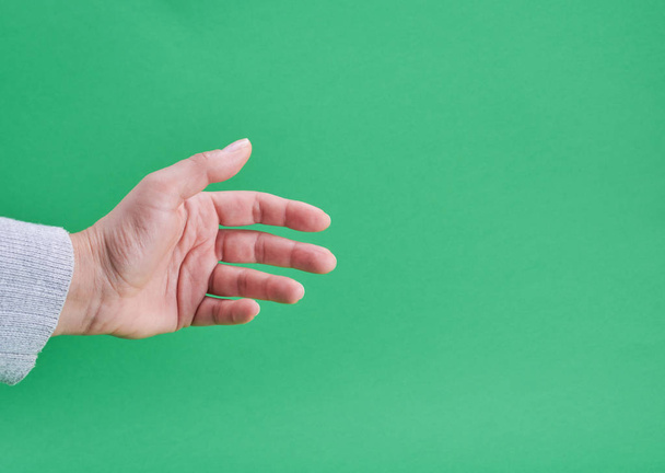женская рука показывает жест удерживания объекта на зеленом фоне
 - Фото, изображение