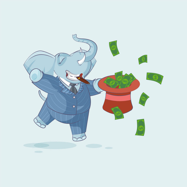 Слон прыгает от радости со шляпой денег
 - Вектор,изображение