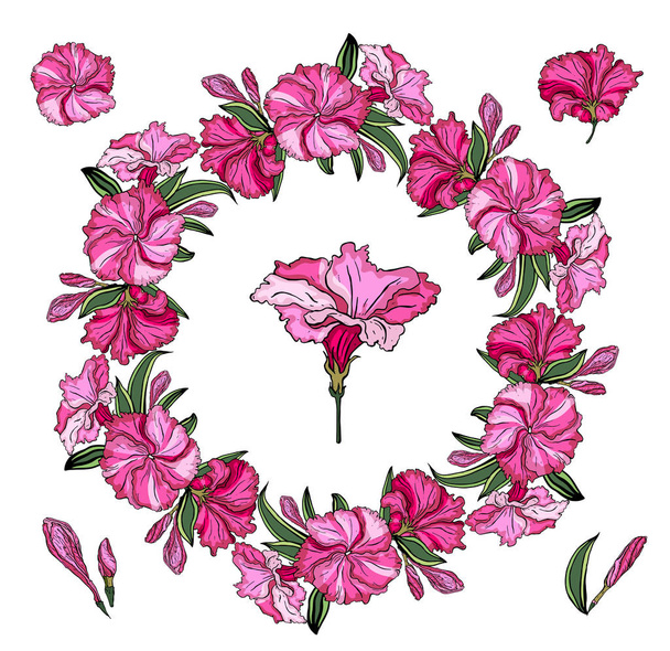 ラウンド フレーム繊細なピンクの花。春の花花ベクトルの背景。明るいイラスト カード、招待状、結婚式、誕生日および他の休日用として使用できます。. - ベクター画像