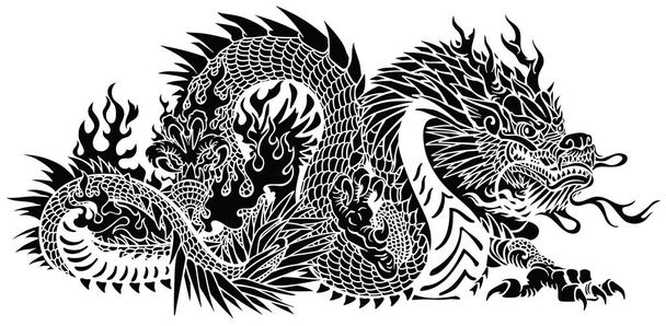 Oost dragon. Chinees of Aziatische symbolische mythologische wezen. Zijaanzicht. Zwart-wit tattoo stijl vectorillustratie - Vector, afbeelding