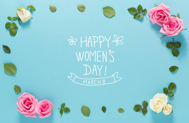 Happy Womens Day message with roses and leaves - Photo, image