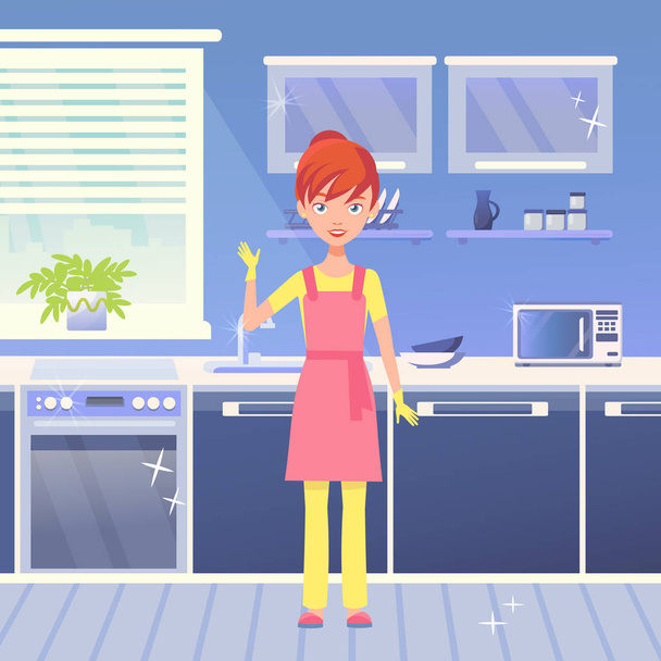 Vettore interno cucina moderna. Una donna in cucina. Sala da pranzo. Pulizia e pulizia. Ottima pulizia. Casalinga in cucina. Illustrazione vettoriale in stile piatto
. - Vettoriali, immagini