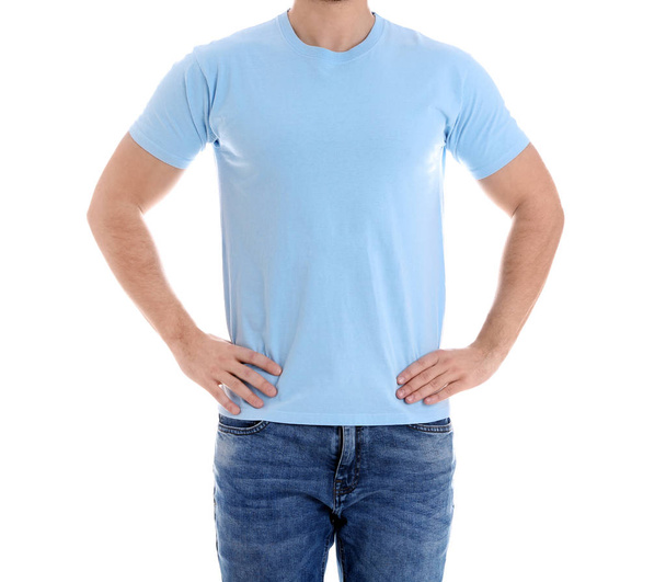 Young man on white background, closeup. Weight loss - Foto, Imagem