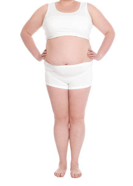 Overweight woman on white background, closeup. Weight loss - Fotografie, Obrázek