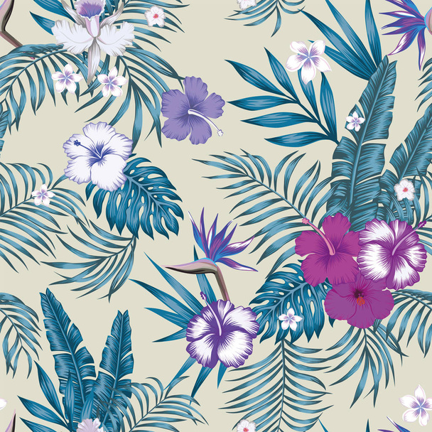 Tropikalna dżungla niebieski odcień z palm, liście bananowca i hibiskusa, plumeria, wektor Rajski Ptak kwiaty bezszwowe botaniczny wzór na beżowym tle - Wektor, obraz