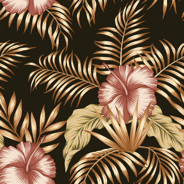 Exotic trendy seamless composition from tropical flowers hibiscus and palm, banana leaves gold tint on the black background - Вектор,изображение