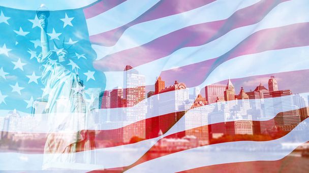 Подвійний вплив на американський прапор і статую свободи. День незалежності - 4 липня. - Фото, зображення