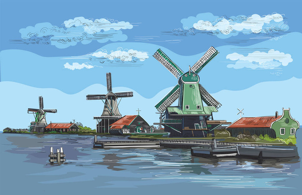 Vector hand tekenen illustratie van de watermolen in Amsterdam (Nederland, Holland). Mijlpaal van Holland. Watermolens op de dijk. Kleurrijke vectorillustratie gravure. - Vector, afbeelding