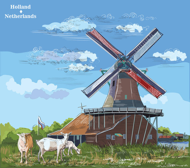 Vector hand drawing Illustration of watermill in Amsterdam (Netherlands, Holland). Landmark of Holland. Watermill and goats grazing on the meadow.Colorful vector engraving illustration. - Vector, Image